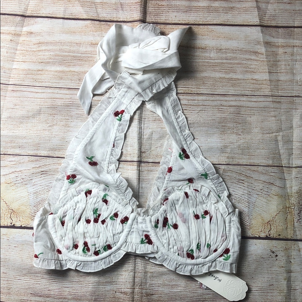 For Love And Lemons White Hand Beaded and‎ Embroidered Cherry Halter Bralette
